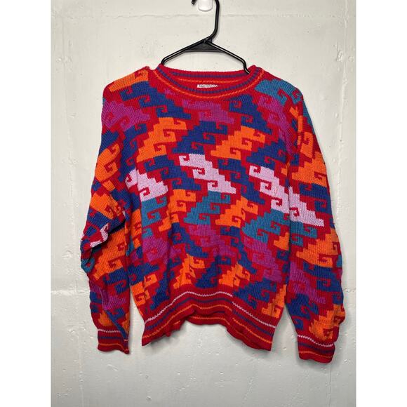 Vintage Amerindia Handmade in Bolivia Knit Sweater Red Pink Blue Orange Size L - Picture 1 of 7